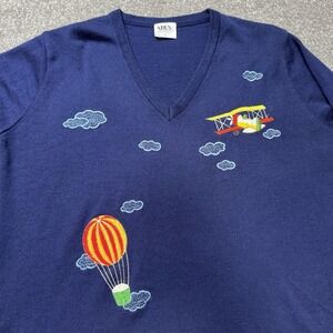 Vintage Embroidered Sweater Hot Air Balloon Plane Women's XL Navy Blue Teacher